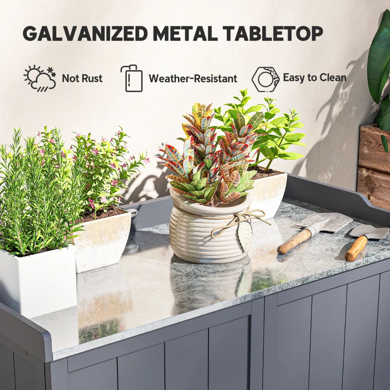 Outsunny Wood Garden Storage Cabinet, Outdoor Tool Shed, Potting Bench Table with galvanised Top and Two Shelves for garden Tools or Pool Accessories, Grey