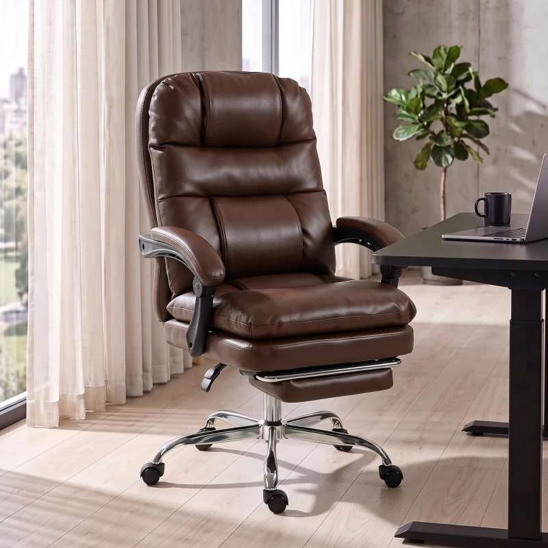 HOMCOM Silla de Oficina Ergonómica con Reposapiés de PU Muelles Ensacados Reclinable 155° Respaldo Alto Reposacabezas Marrón