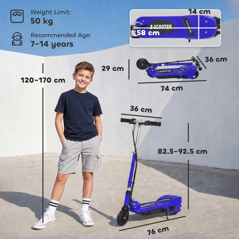 HOMCOM Folding Electric Kids Scooter Ride on Age 7-14, Blue/Black