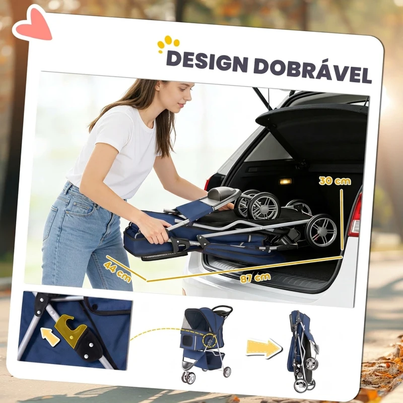 PawHut Carrinho Dobrável para Cães Pequenos até 10 kg com 3 Rodas, Capota, Cesta, Janelas em Rede e Porta-copos, Azul-Escuro