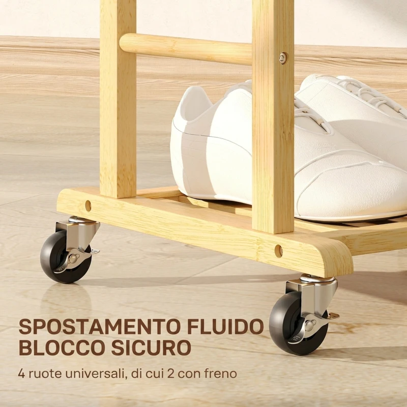 HOMCOM Appendiabiti da Terra con Ruote, Barre, Mensola, in Bambù, Design Nordico, 47x33.7x105.5 cm, Color Legno