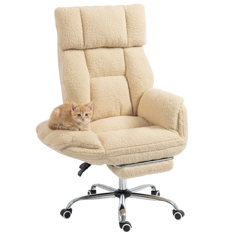 HOMCOM Ergonomischer Bürostuhl mit 5-fach klappbaren Armlehnen, neigbarer Bürostuhl aus Teddy-Stoff, Creme