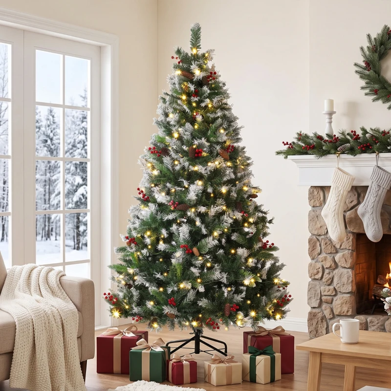 HOMCOM Árbol de Navidad Nevado 180 cm con 250 LED 11 Modos Mando a Distancia 840 Puntas 34 Piñas y 34 Bayas Verde