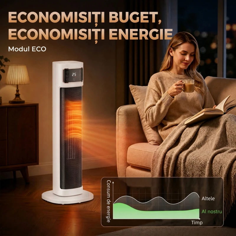 HOMCOM Aerotermă Electrică Ceramică cu Termostat Reglabil, 4 Moduri, Panou Tactil, Telecomandă, Alb