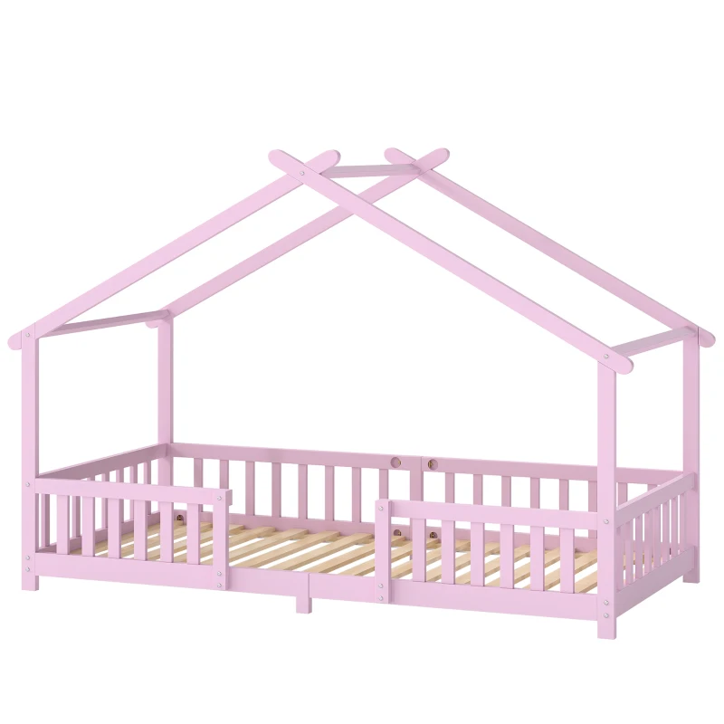 AIYAPLAY Wooden Kids House Single Bed Frame, Solid Pine Wood Toddler Bed with Dual Guardrails for Children, Boys, Girls, Pink