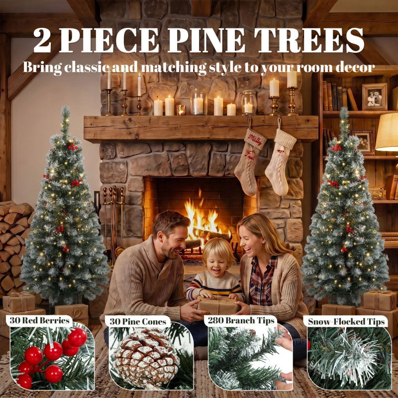 HOMCOM 4ft Pre-Lit Slim Artificial Christmas Tree Set of 2, with 100 Dual-Colour LED Lights, 140 Frosted Branch Tips