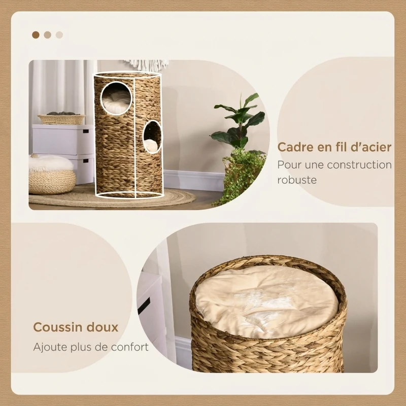 PawHut Tonneau à Gratter pour Chat 3 Niveaux, Coussins, Tressage en Jacinthe d'Eau, Cadre en Acier, Ø 40 x 73 cm, Marron Clair