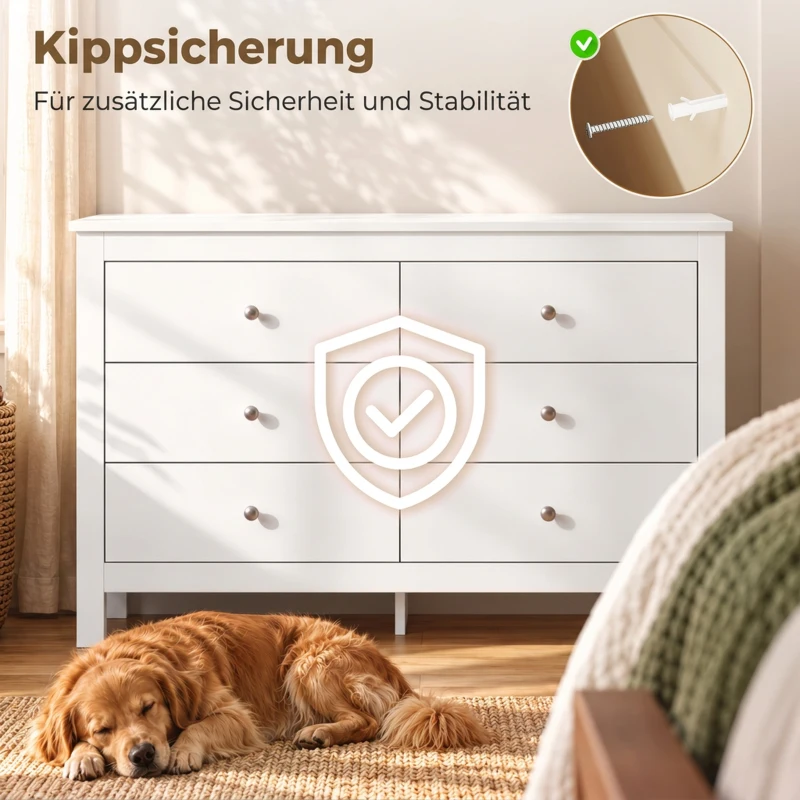 HOMCOM Ladekast met 6 Laden, Dressoir met Soepel Lopende Ladegeleiders voor Slaapkamer, Woonkamer of Hal, 118 x 39,5 x 75,5 cm, Wit