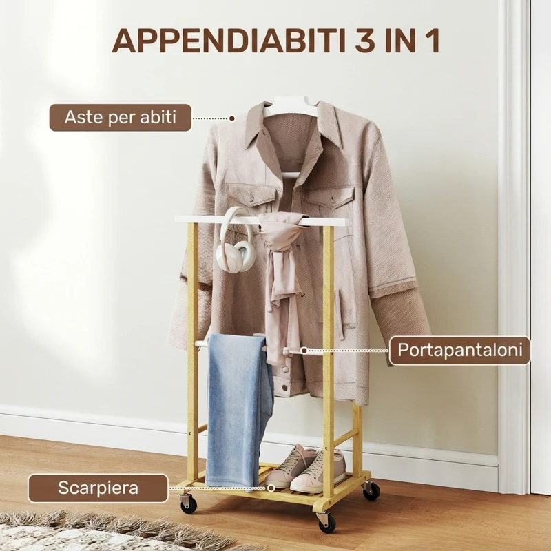 HOMCOM Appendiabiti da Terra con Ruote, Barre, Mensola, in Bambù, Design Nordico, 47x33.7x105.5 cm, Color Legno