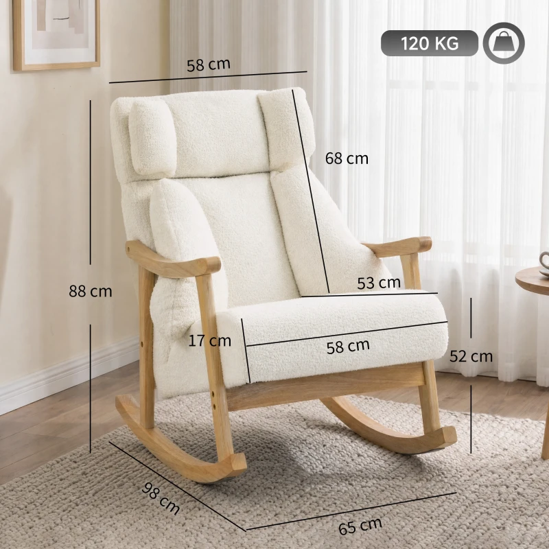 HOMCOM Mecedora Tapizada de Borreguito con Reposacabezas Ajustable y Patas de Madera 65x98x88 cm Crema