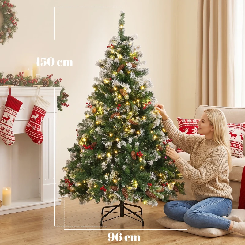 HOMCOM Sapin de Noël Artificiel Lumineux et Enneigé 150cm, Arbre de Noël, Télécommande, 11 Modes d'Éclairage, 210 LED, Vert