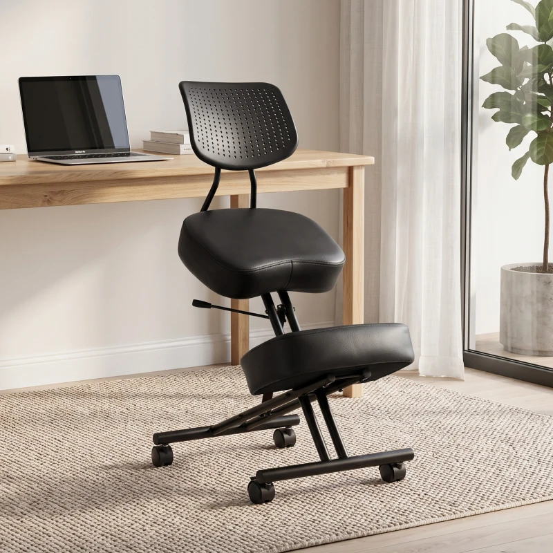 HOMCOM Chaise à Genoux Ergonomique avec Dossier, Siège Assis Genoux Réglable en PU sur Roulettes, Noir