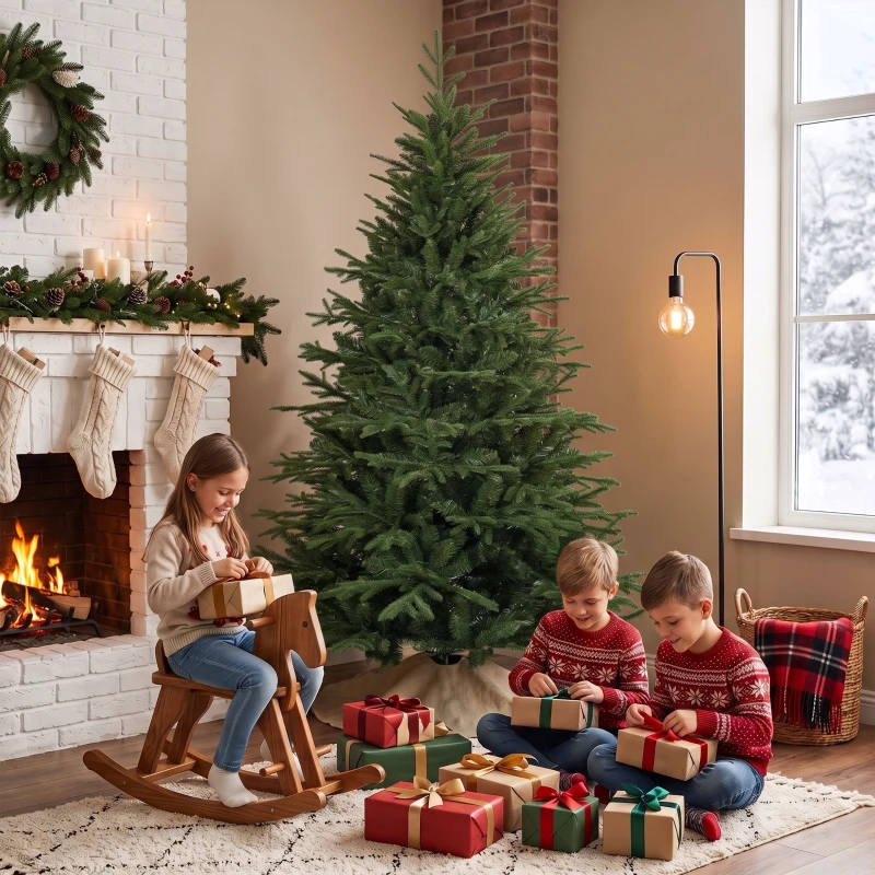 HOMCOM Sapin de Noël Artificiel 180 cm, Arbre de Noël, 2081 Branches Articulées en PE et PVC Ignifuge, Support en Bois Robuste