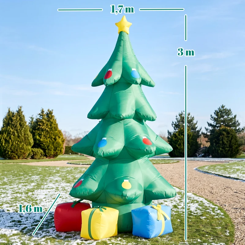 Outsunny Opblaasbare kerstboom 300 cm met RGB-ster, LED-verlichting, cadeaudozen, XXL, IP44 waterbestendig voor kerstfeesten