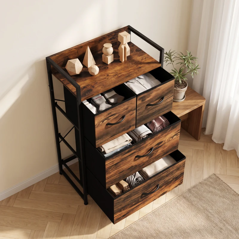 HOMCOM Rustic Chest of Four Fabric Drawers - Rustic Brown