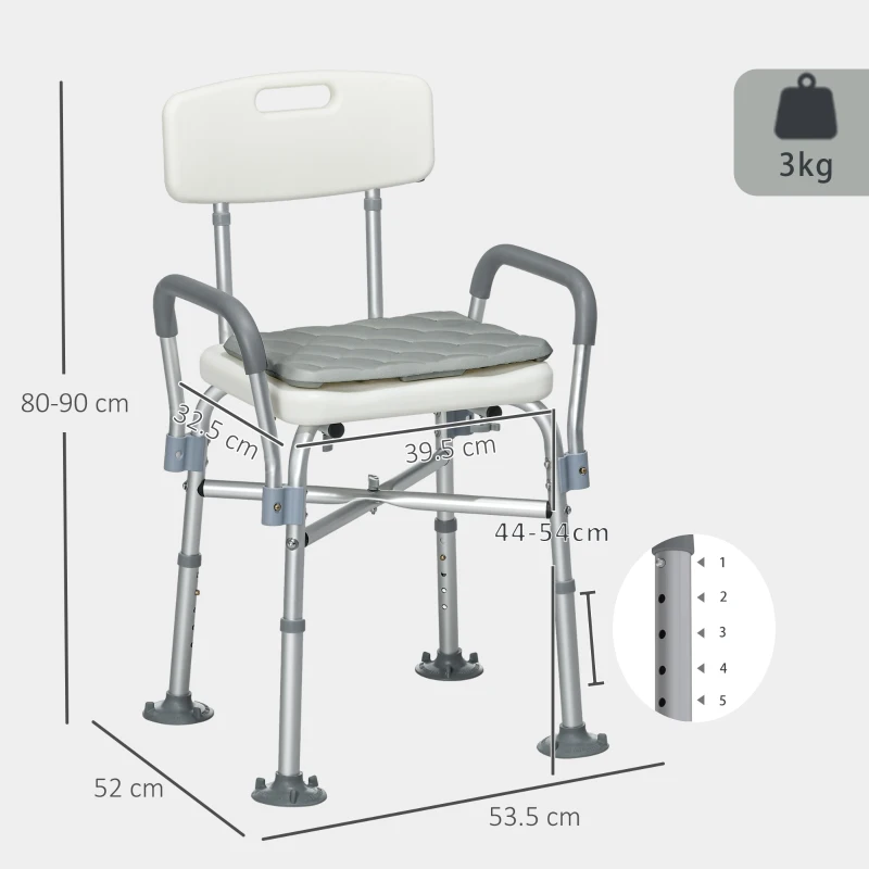 HOMCOM Scaun de duș reglabil pe înălțime, cu brațe și pernă detașabilă, 53.5x52x80-90 cm, alb