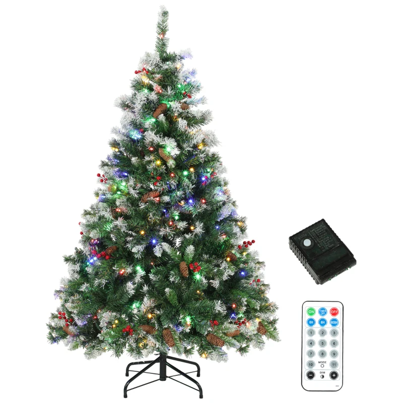 HOMCOM Sapin de Noël Artificiel Lumineux et Enneigé 150cm, Arbre de Noël, Télécommande, 11 Modes d'Éclairage, 210 LED, Vert
