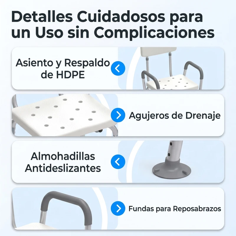 HOMCOM Silla Ducha Personas Mayores con Respaldo Reposabrazos Altura Ajustable Cojín Acolchado Extraíble Carga 136 kg Gris