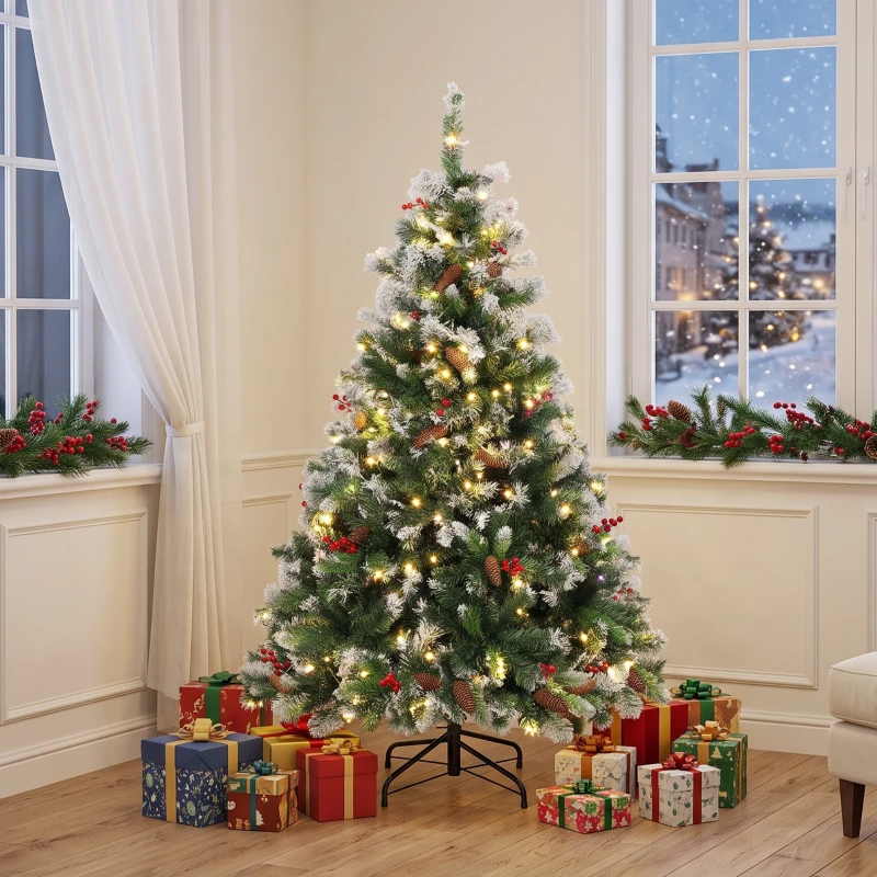 HOMCOM Sapin de Noël Artificiel Lumineux et Enneigé 120cm, Arbre de Noël, Télécommande, 11 Modes d'Éclairage, 150 LED, Vert