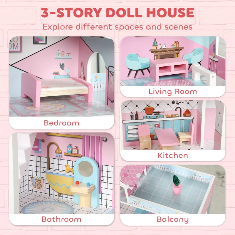 AIYAPLAY Wooden Dolls House, Large 3-Storey Modern Dollhouse with 10 Accessories, Pretend Play Toy Gift for Ages 3-6 Years, Pink