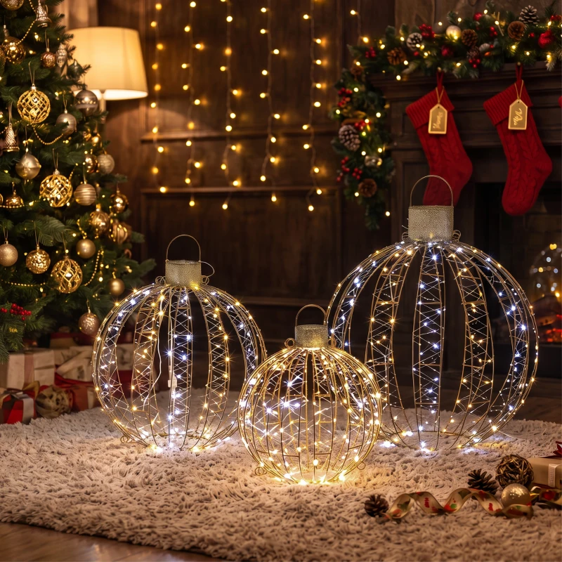 Outsunny 3-delige verlichte kerstbollenset voor buiten, 360 warmwitte/koudwitte leds, continu- en knipperlicht, 24-uurs timer