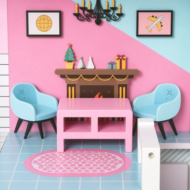 AIYAPLAY Wooden Dolls House, Large 3-Storey Modern Dollhouse with 10 Accessories, Pretend Play Toy Gift for Ages 3-6 Years, Pink