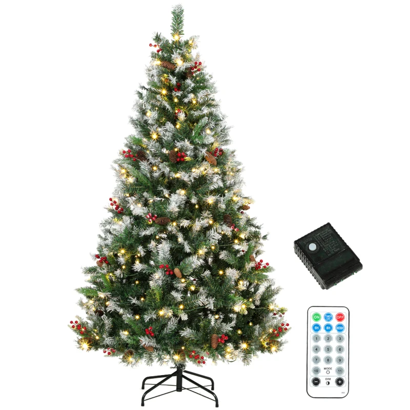 HOMCOM Árvore de Natal Nevada 210 cm com 400 LED 11 Modos Comando à Distância 1253 Pontas 44 Pinhas e 44 Bagas