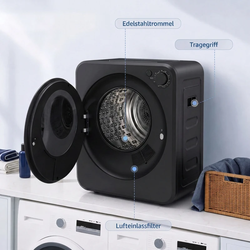 HOMCOM Mini Wäschetrockner 4 kg mit 5 Programme bis zu 60℃ 800W/400W Ablufttrockner mit Edelstahltrommel Schwarz