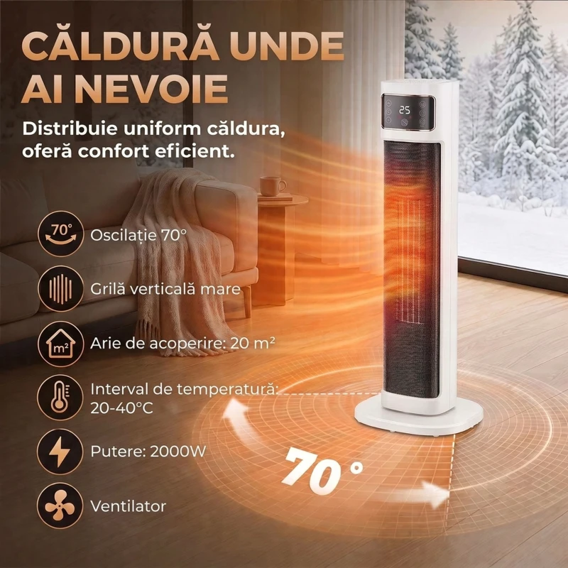 HOMCOM Aerotermă Electrică Ceramică cu Termostat Reglabil, 4 Moduri, Panou Tactil, Telecomandă, Alb
