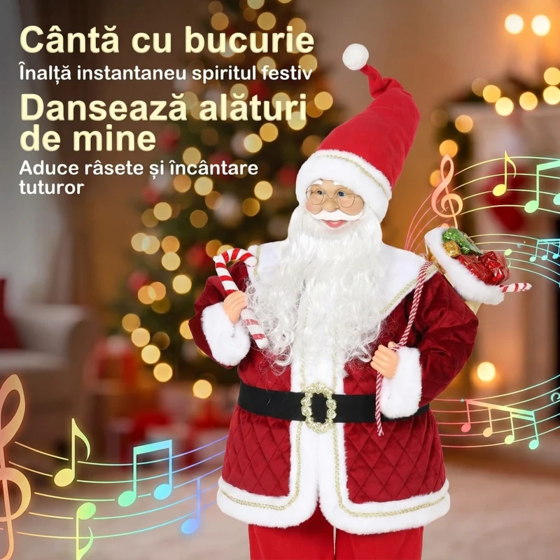 HOMCOM Moș Crăciun Muzical Animat, 120 cm, de Podea, cu Cap Rotativ, Roșu