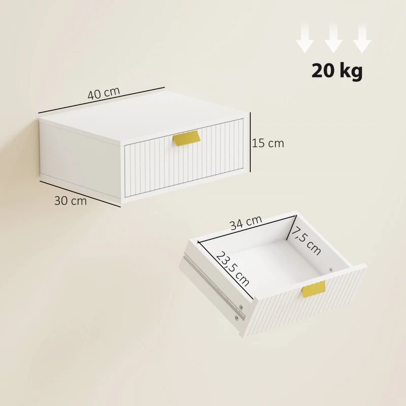 HOMCOM Set di 2 Comodini Camera da Letto da Parete con Cassetto Ondulato, Comodini Sospesi, per Soggiorno, 40x30x15cm, Bianco