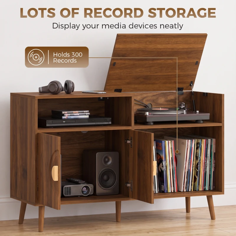 HOMCOM Record Player Stand, Vinyl Record Holder with Storage Holds Up to 300 Albums with Flip-Top Compartment, Walnut