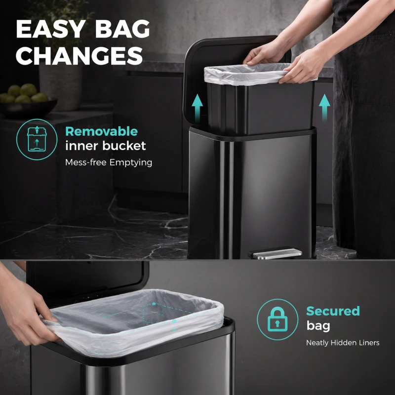 HOMCOM 50L Kitchen Bin, Metal Pedal Rubbish Bin with Soft Close and Stay-Open Lid, Removable Inner Bucket, High Gloss Black