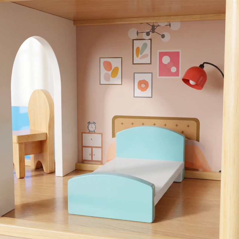 AIYAPLAY Kids Wooden Dolls House, 3-Story Dollhouse with 5 Rooms and 11 Accessories, Pretend Play Gift for Ages 3+, White
