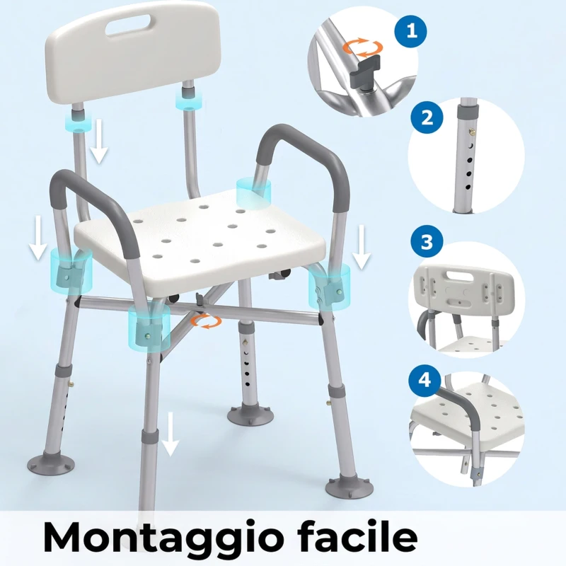 HOMCOM Sedia Doccia ad Altezza Regolabile con Braccioli e Cuscino Rimovibile 53.5x52x80-90 cm, Bianca