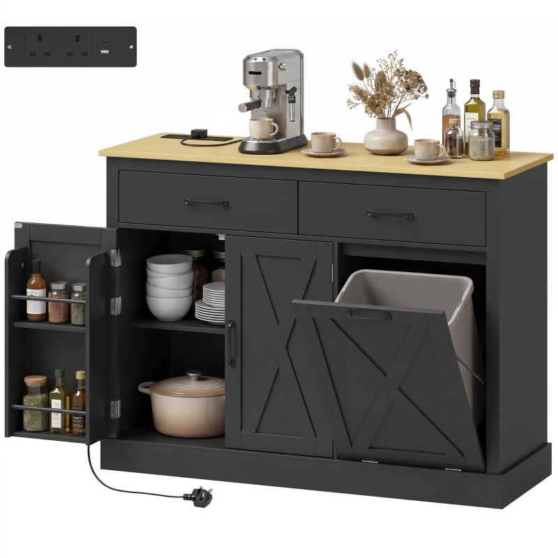 HOMCOM Tilt Out Trash Cabinet with Charging Station, Kitchen Island with Storage, 57 Liter Hidden Rubbish Bin Storage, Black