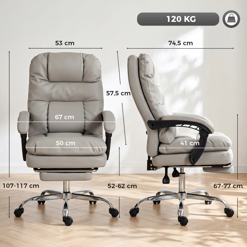 HOMCOM Cadeira de Escritório Ergonómica em PU com Molas Ensacadas, Reclinável 155°, Encosto Alto, Apoio de Cabeça, Cinzento-Claro
