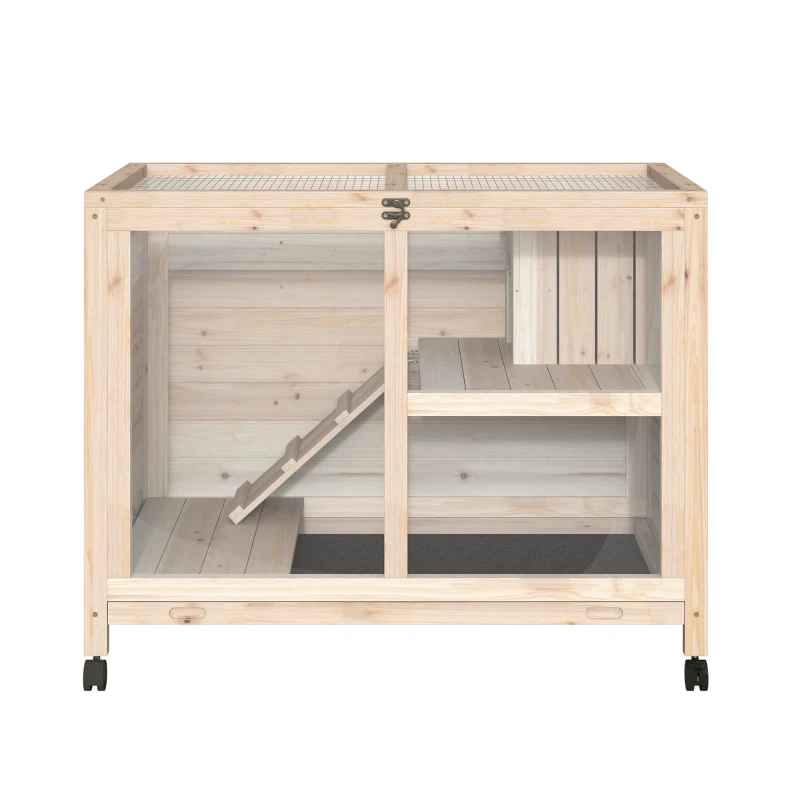 PawHut Cage à lapin clapier sur roulettes petit enclos animaux en bois massif 2 étages toit ouvrant plates-formes 91,5 x 53,3 x 73 cm bois naturel