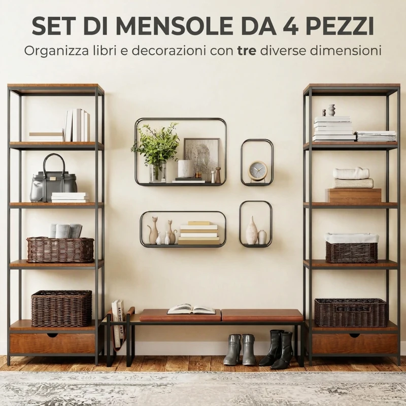 HOMCOM Mensole Flottanti Geometriche per Soggiorno, Set di 4 Pezzi, Nero