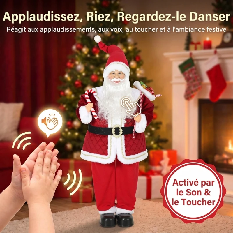 HOMCOM Père Noël Animé Grandeur Nature 120 cm, Décoration Musicale Chantante à Tête Mobile, Activation Sonore, Tactile, Rouge
