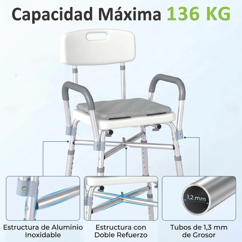 HOMCOM Silla Ducha Personas Mayores con Respaldo Reposabrazos Altura Ajustable Cojín Acolchado Extraíble Carga 136 kg Gris