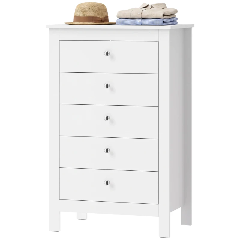 HOMCOM Comodă cu 5 sertare, corp de depozitare cu șine glisante, stil modern, 60 x 39,5 x 95,3 cm, alb