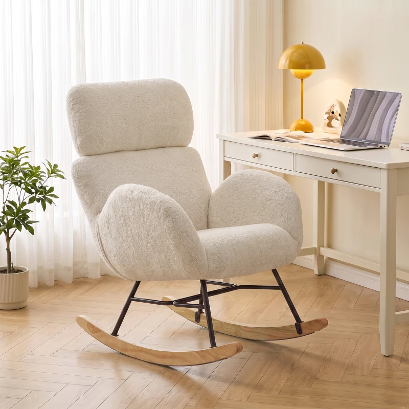 HOMCOM Fauteuil à bascule rembourré avec appui-tête réglable, velours à motif gouttes, structure en bois d'hévéa, Blanc crème