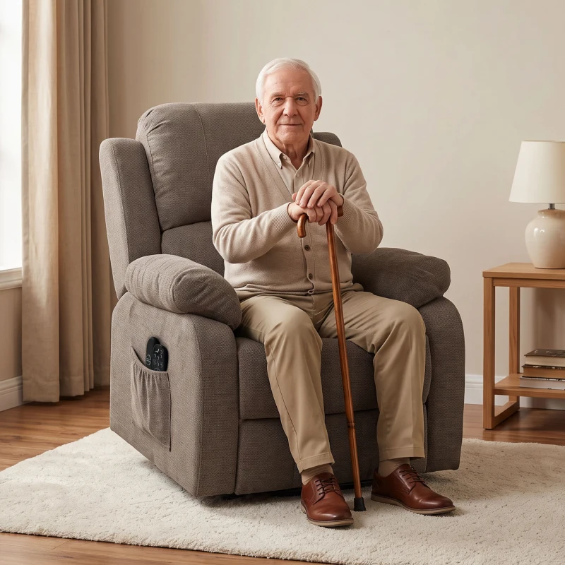 HOMCOM Sillón elevador eléctrico reclinable con masaje y calefacción en lino Marrón claro