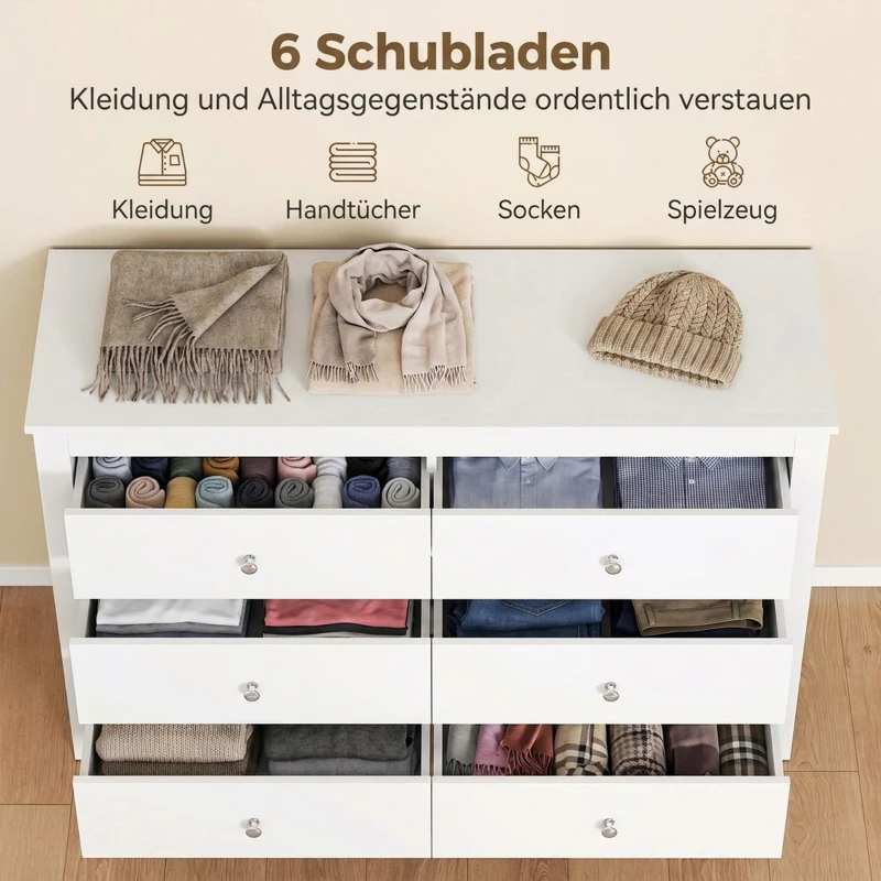 HOMCOM Ladekast met 6 Laden, Dressoir met Soepel Lopende Ladegeleiders voor Slaapkamer, Woonkamer of Hal, 118 x 39,5 x 75,5 cm, Wit
