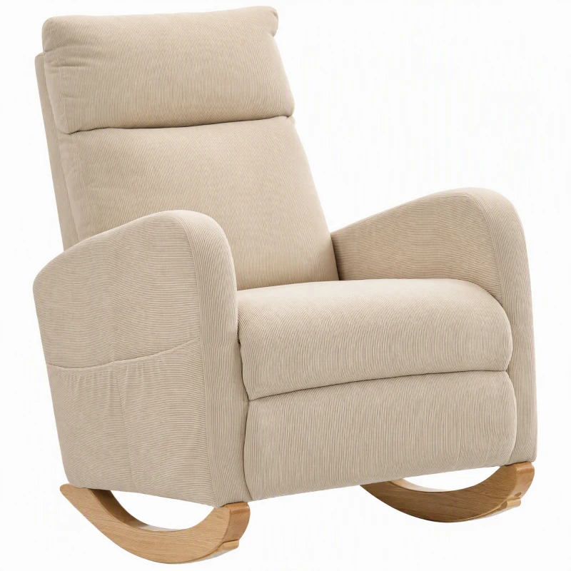 HOMCOM Schaukelstuhl, gepolsterter Schaukelsessel mit Cordstoff, Seitentaschen für Wohnzimmer, Schlafzimmer, Beige