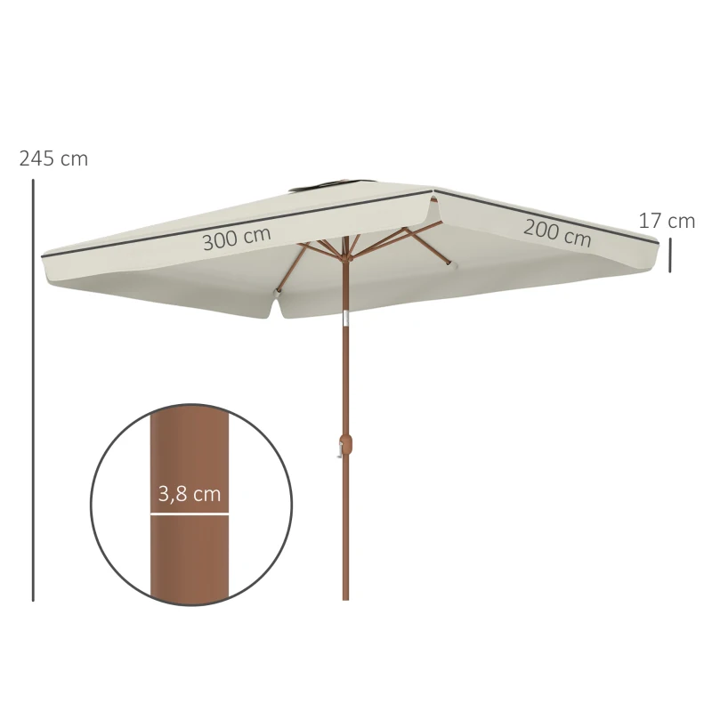 Outsunny Parasol de jardin extérieur rectangulaire 200 x 300 cm, parasol inclinable 6 baleines en aluminium avec manivelle, crème