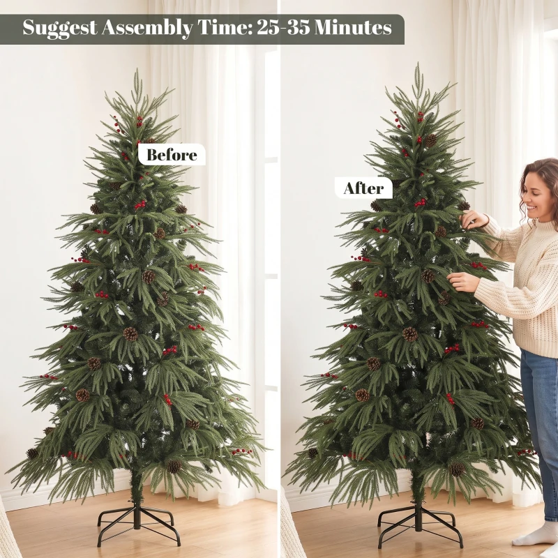 HOMCOM 6ft Artificial Christmas Tree with Pinecones, Red Berries, Hinged Predecorated Xmas Tree with 2843 Branch Tips
