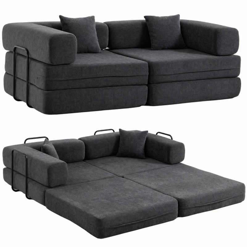 HOMCOM Canapé Convertible 2 Places, Canapé-Lit en Chenille 198 cm, Assise et Accoudoirs Larges, 2 Coussins, Gris Foncé