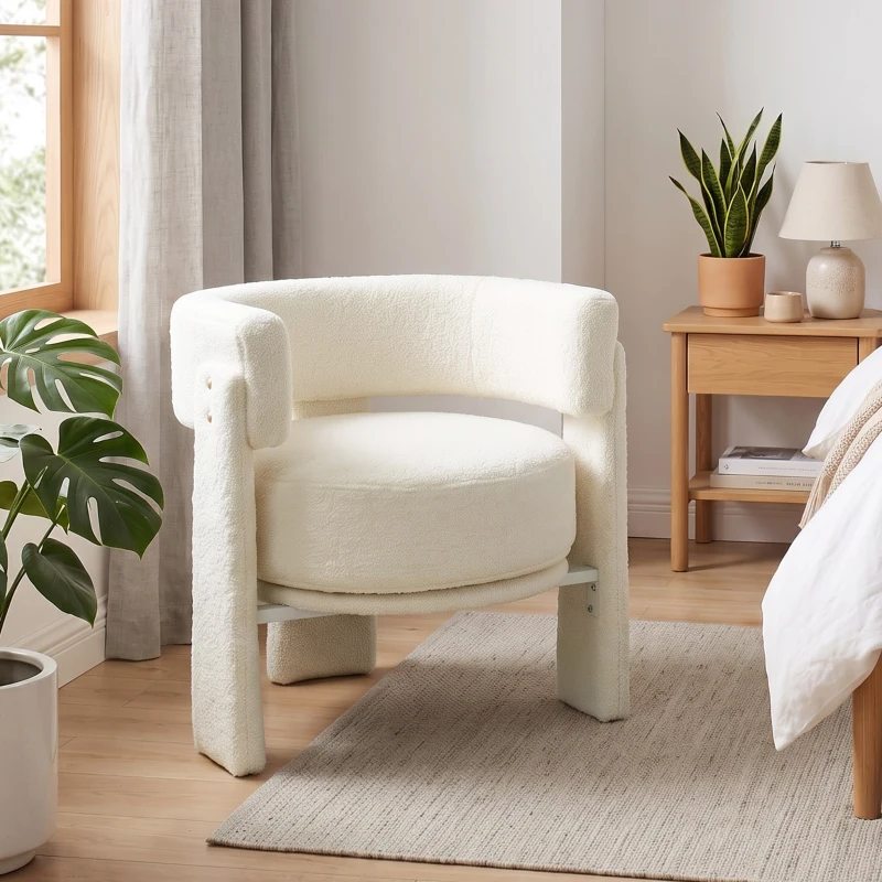 HOMCOM Poltrona em Tecido Bouclé com Almofada Lombar Assento Profundo Acolchoado e Braços Branco-Creme